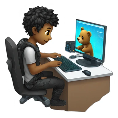a male name teddy is doing coding at his cyberpunk room, there is a code at his monitor and there is a teddy bear sticker