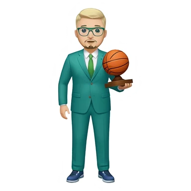 Full Body white male plus size wearing glasses with a goatee with light blonde and gray very short hair basketball head Coach in blue and green suit holding trophy sticker