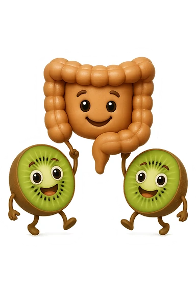 emoji stile iphone di kiwi fluttuano in aria tenendo in mano un pezzo di colon con espressione felice in volto, iperrealistico 4k sticker