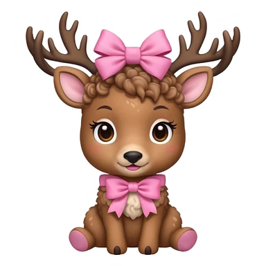 cute deer with curly fur, sitting down, wearing a bow on its head. sticker