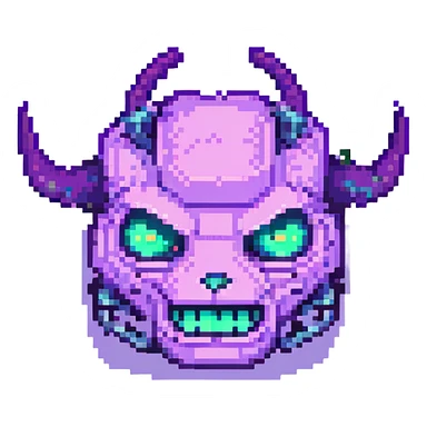 purple demon bot face only, pixelated effect, small horns, glowing eyes, playful smirk sticker