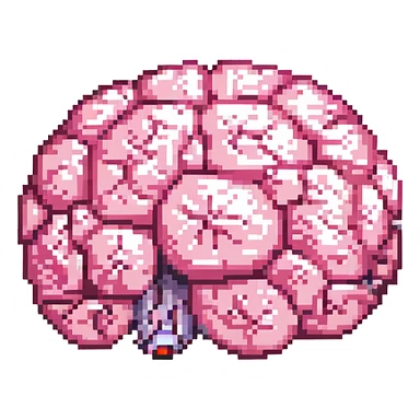 16-bit pixel art of a pink brain-shaped blob, smooth rounded brain texture, simple retro gaming style sticker