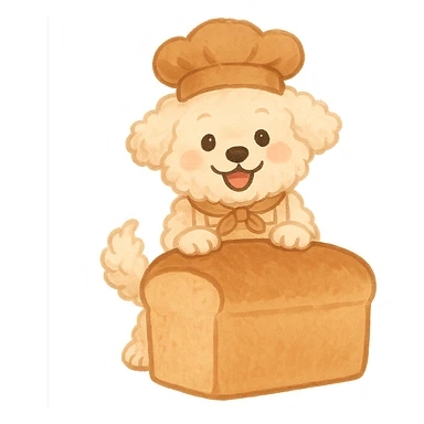 soft fluffy dog as a bread maker, peeking from a bread loaf, cheerful, warm beige, full-body sticker