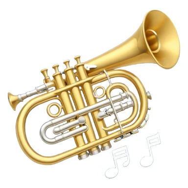 “Flat vector icon of a golden side-view trumpet with mouthpiece, bell, and three valves, thick outline, centered on a deep navy blue rounded-square (or circle); from the bell, 2–3 small white or light-blue music notes with dark outline emerge.  sticker