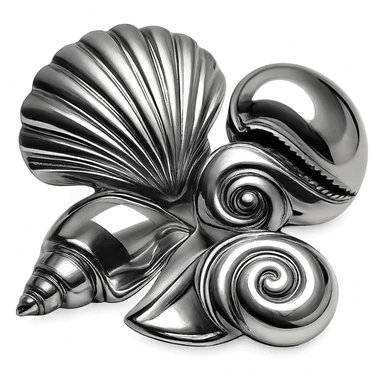 set of overlapping chrome seashells, each with a unique shape and polished surface sticker
