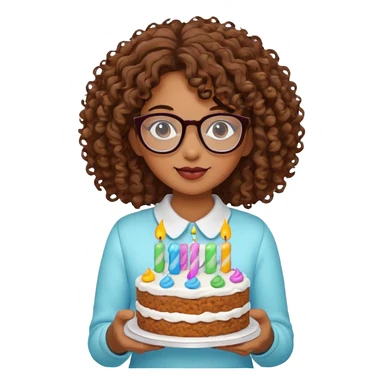 Brown Curly haired girl wearing glasses with a cake sticker