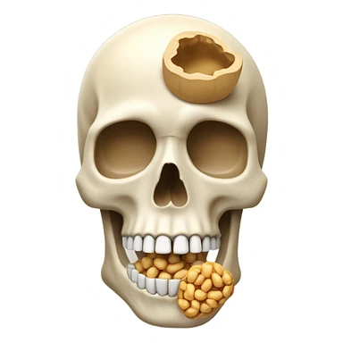 Human skeleton with his brain replaced with a peanut sticker