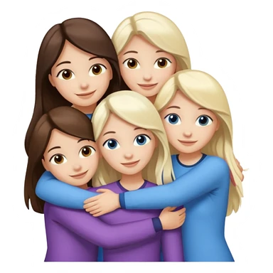 four white girlfriends hugging and smiling    2 girls with brown eyes and long dark brown hair. Two girls with blue eyes and light blonde hair sticker