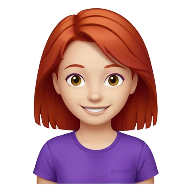 Young girl with red hair, wearing a purple T-shirt, with a smiling face sticker