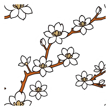 Artistic Japanese Magnolia kobus (kobushi) blossom with elegant composition reminiscent of kimono patterns, white star-shaped flowers on dark branch, gold accents, soft blue background sticker