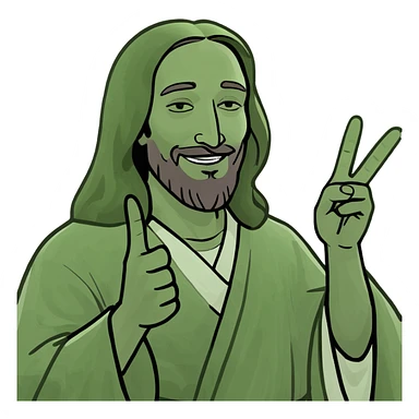 Jesus making a peace sign, meme style, friendly, humorous, social media meme sticker