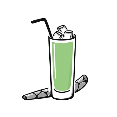 Hand-drawn glass of sugarcane juice with ice cubes, light green liquid, and a piece of sugarcane beside it sticker