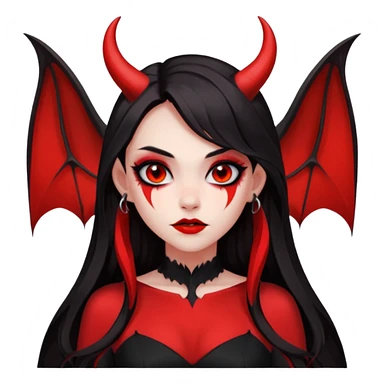demon girl, skin red , black long hair, small horns, bat wing, black open-back dress, bold black outlines, red+black palette sticker