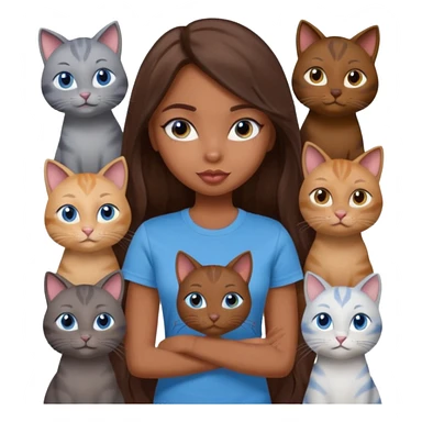 a pretty bratz dusky girl with long brown hair, blue eyes with six cats nd wearing a grey tshirt sticker