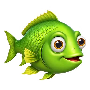 extremely goofy bright lime green fish with huge bulging eye and dopey smile, looking incredibly stupid and friendly, perfect flat side profile facing right, exactly 90 degrees, one eye visible sticker