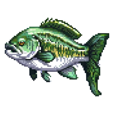 largemouth bass, pixel art, side view, green and white, retro video game style sticker