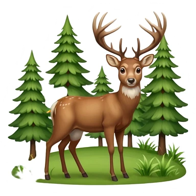 Whitetail buck standing on a hillside with trees and brush in the background. sticker