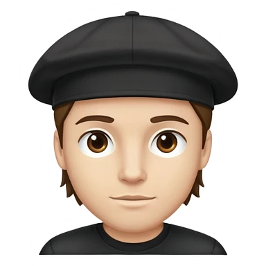 a white bro with brunette hair, wearing a black cap and a black shirt sticker