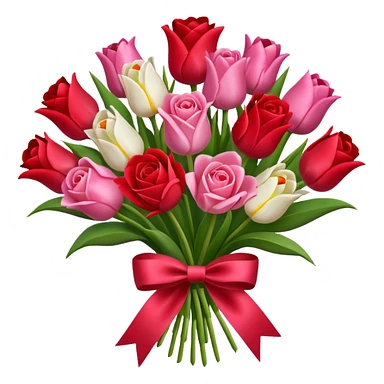 Create an bouquet with red and pink roses and tulips inside a white flower bouquet with red ribbon around it sticker