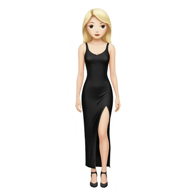 Blonde women, Long black tight slipdress, Slot left legs sticker