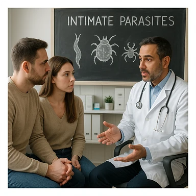 realistic image of a doctor explaining the problem of intimate parasites to a man and a woman, with a diagram or chalkboard showing parasites, medical setting, respectful and educational tone sticker