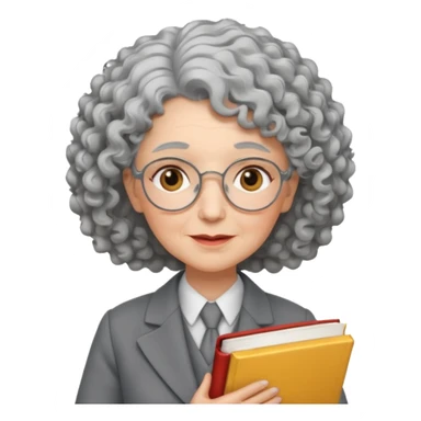 elderly female, curly hair, holding book, wearing gray suit sticker