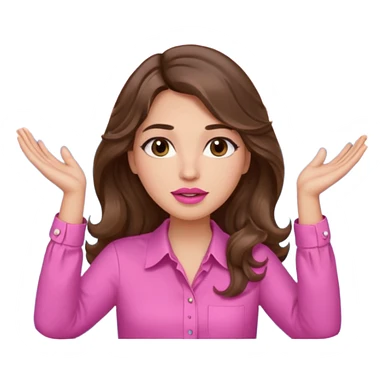 girl with long wavy brown hair, brown eyes, light to medium complexion, in a pink shirt, pink lips, long lashes, puckered lips, both hands all the way up with hands up to the sky sticker