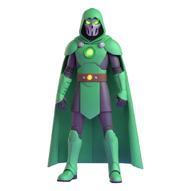 Doctor Doom standing tall with glowing green eyes behind his metal mask, full body view sticker
