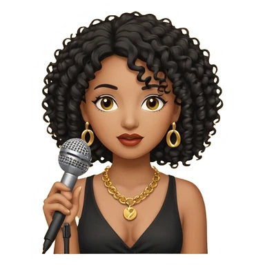 brown skin woman, curly black hair, singer, hold micro sticker