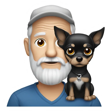 Old man with blue eyes goatee beard ball cap holding cute black Chihuahua long hair sticker