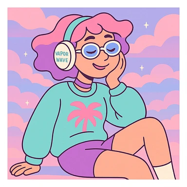 vaporwave chill girl, pastel colors, retro 80s aesthetic, relaxed pose, dreamy background sticker