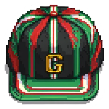 pixel art Gucci cap with green and red stripes and gold accent sticker