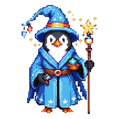 Penguin wizard with robe and magical stars sticker