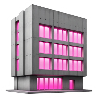 Brutalist concrete building with pink glowing window, minimalist style sticker