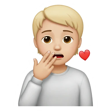 He cries and covers his left hand with a finger heart and his right hand with his mouth sticker