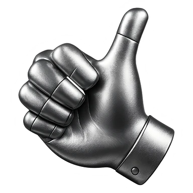 Create a red metallic thumbs down hand with a clear 'dislike' gesture, matching the style and color of the provided chrome style reference image. Remove the background for a clean isolated subject. sticker