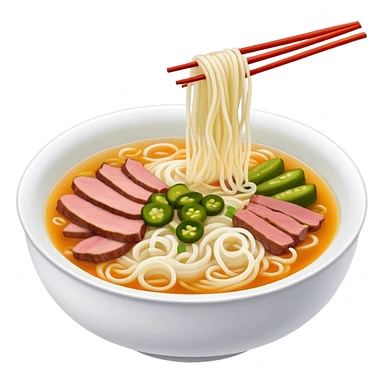 Guilin rice noodles with pickles and meat in soup, simplified emoji style with bold outlines and bright colors, cartoon style Guangxi specialty Mi Fen sticker