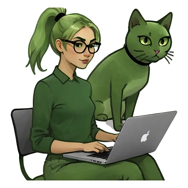 Blonde girl ponytail green eyes with macBook and a cat sticker