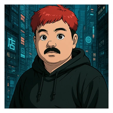 Asian man with a round face, black mustache, red hair, black hoodie, Ghost in the Shell-inspired anime style, large expressive eyes, futuristic city background, high detail sticker