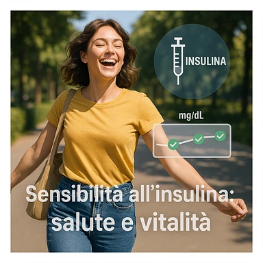 woman in casual clothing walking outdoors energetically, happy expression, stylized insulin symbol and normal glycemic values overlaid transparently, Italian text 'Sensibilità all’insulina: salute e vitalità', 4K quality sticker