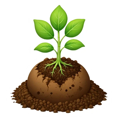 small green sprout with only two leaves, growing from a round brown soil ball sticker