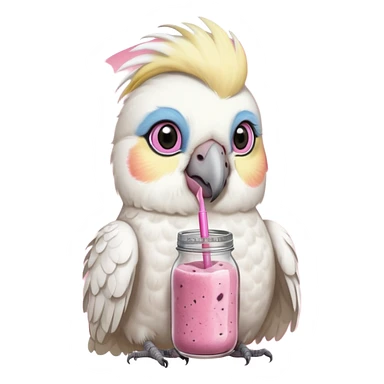 white cockatiel bird, holding mason jar with pink smoothie sticker