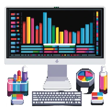iMac computer with colorful bar charts and beauty products inside the screen sticker