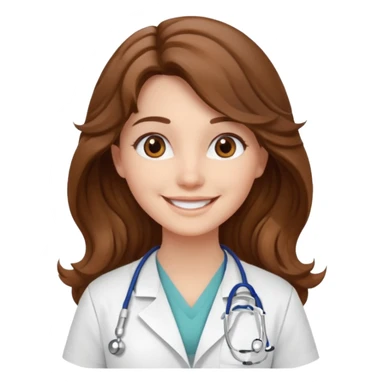 young woman, brown long wavy hair, medical white clothes, friendly, front view, smiling sticker
