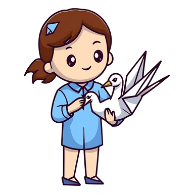 A Ukrainian young girl with brown hair wearing a white embroidered shirt holds an origami blue crane sticker