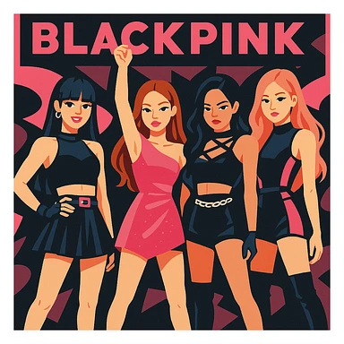 Blackpink K-pop group, pink and black accents, bold stage outfits, powerful group pose, modern pop style sticker
