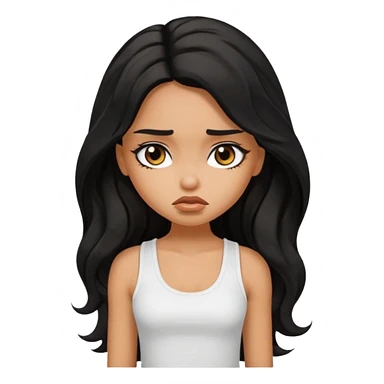 a pretty tan bratz girl with long wavy black hair, wearing a white tank topi. looking sad sticker