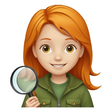 braid orange haired girl kid in moss green explorer outfit, holding magnifying glass, smile sticker