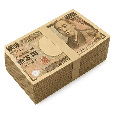 a stack of Japanese yen banknotes viewed from the top, showing the bills' details and colors sticker