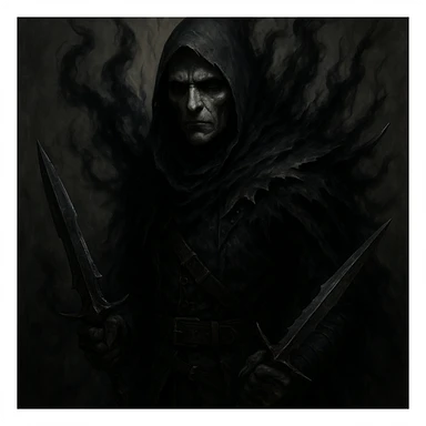 Make the assassin look even scarier, with a shadowy aura, sharp weapons, and a chilling, emotionless face, but keep the face clearly visible, in a realistic fantasy style. sticker